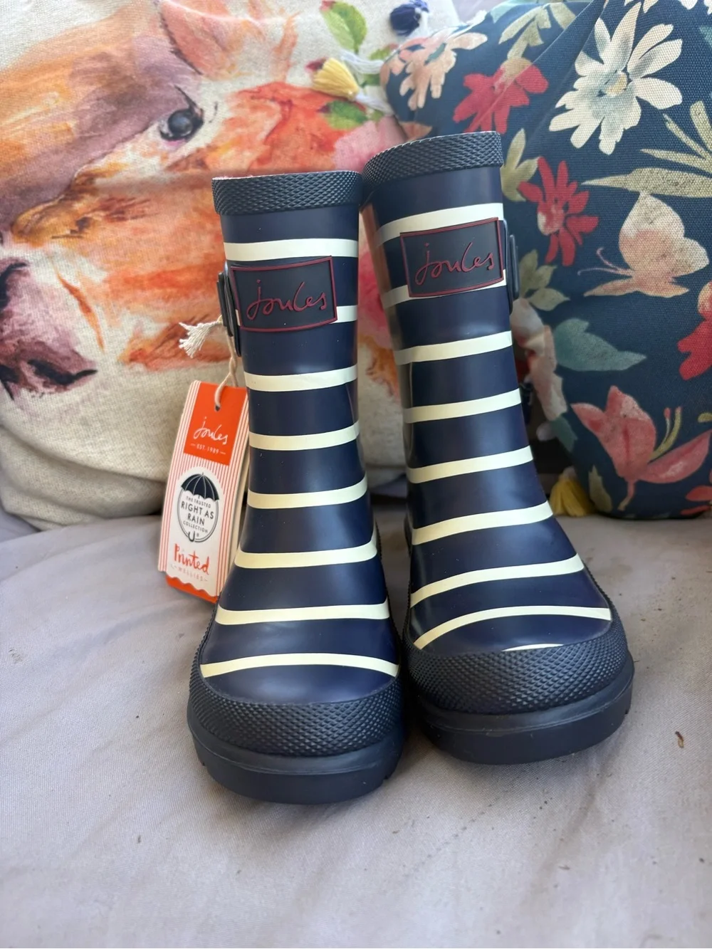 Joules Kids Navy and Cream Striped Rain Boots